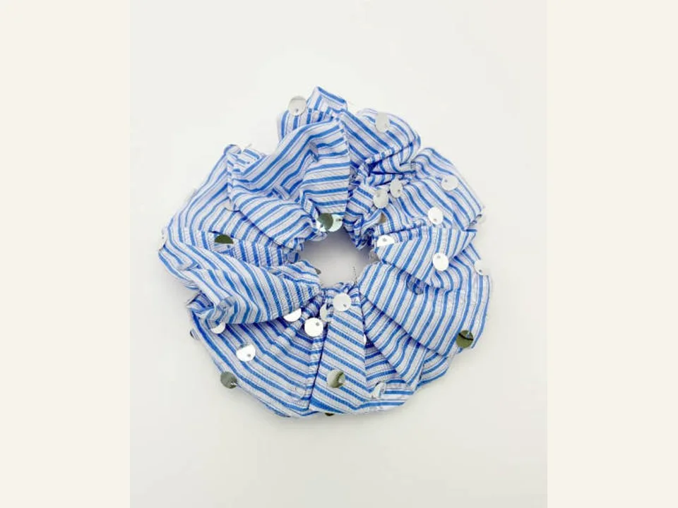 Blue striped gathered scrunchie development sample