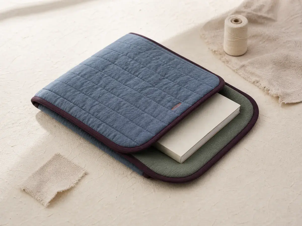 Concept cool blue padded book sleeve with plum binding and jade lining