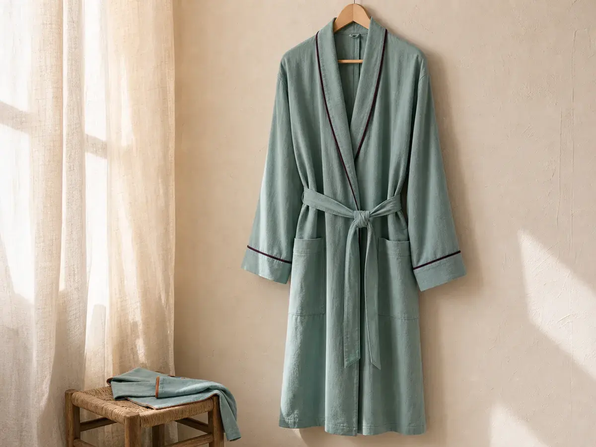 Concept muted jade lounge robe with plum piping hanging in a softly lit studio