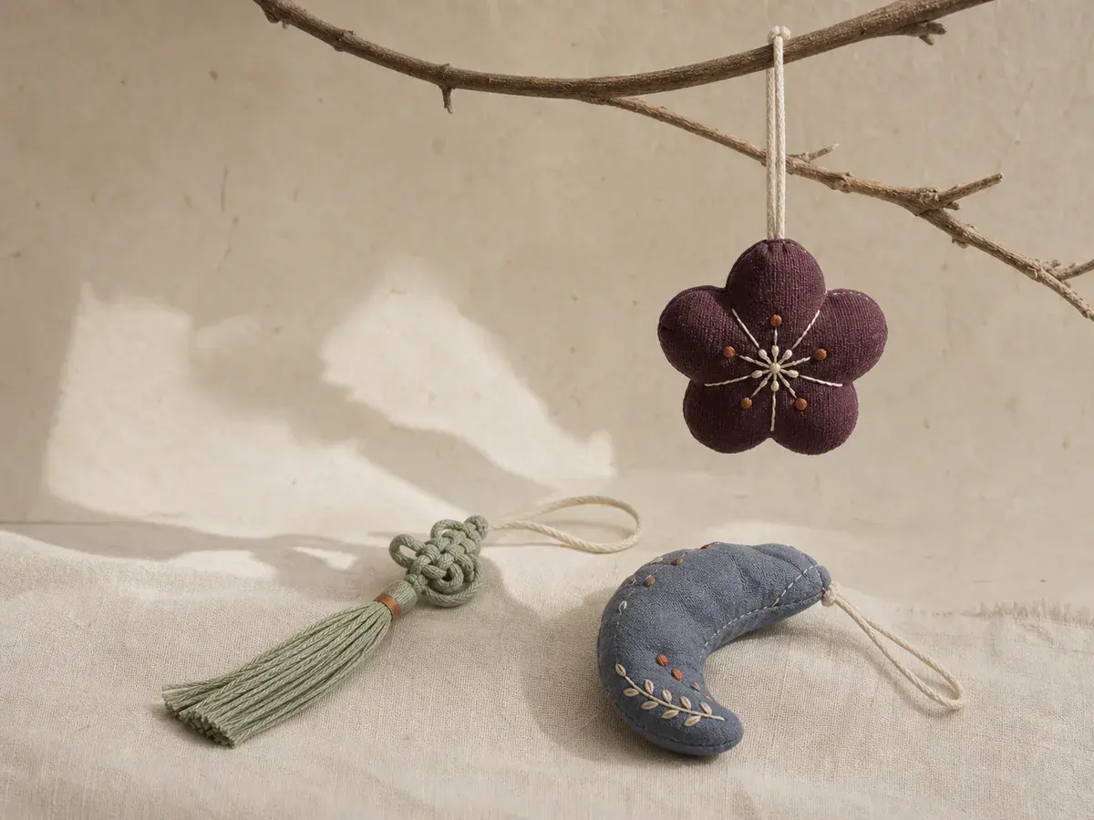 Concept set of plum blossom jade tassel and cool blue crescent textile hanging charms