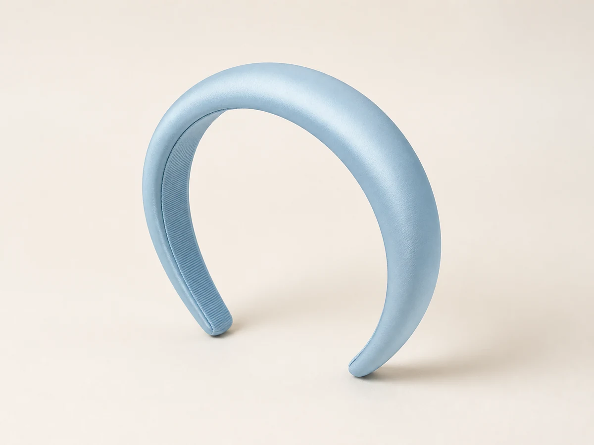 powder blue silk-look satin padded headband with tapered ends