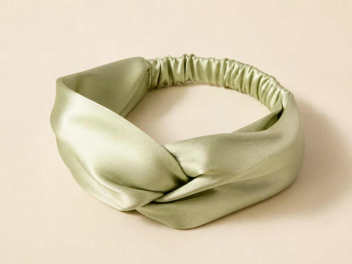 Pistachio silk-look satin headwrap with crossover panels and a fully covered gathered elastic back