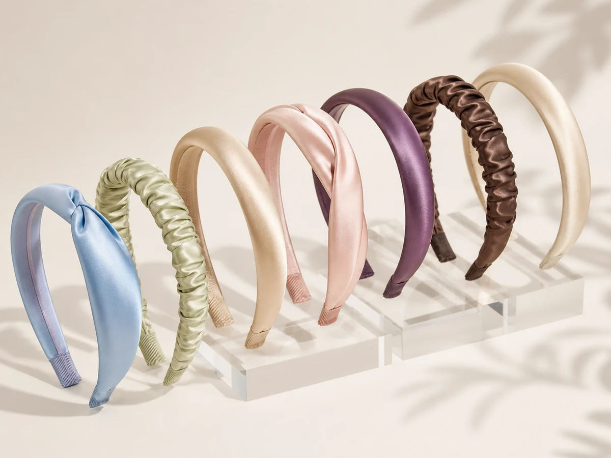 Seven solid silk-look satin headbands in powder blue, pistachio, champagne, blush, plum, espresso and cream