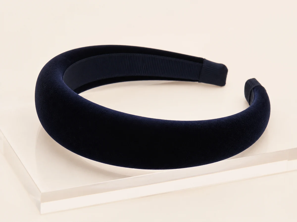 Midnight navy wide padded headband in short-pile velvet with tonal grosgrain lining