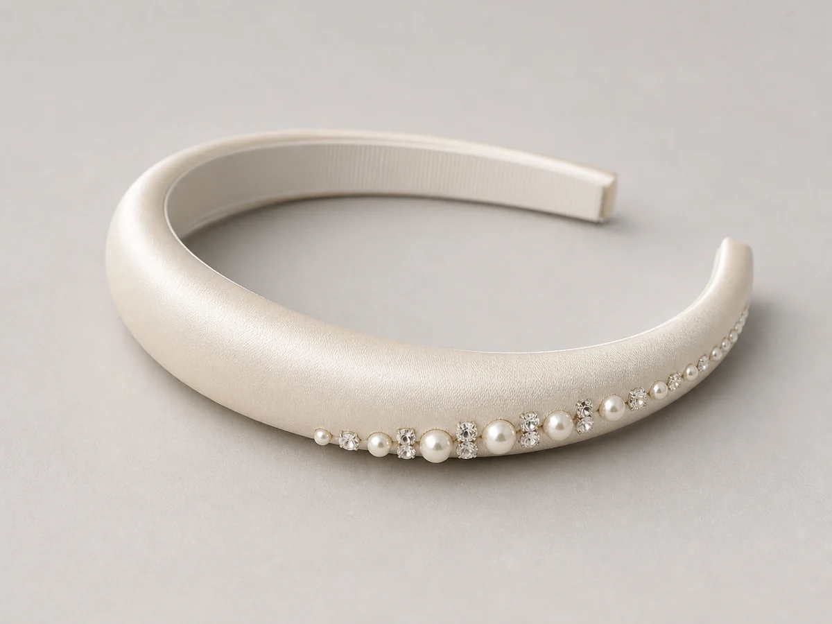 Warm ivory satin padded headband with a graduated asymmetric line of cream pearls and small crystals