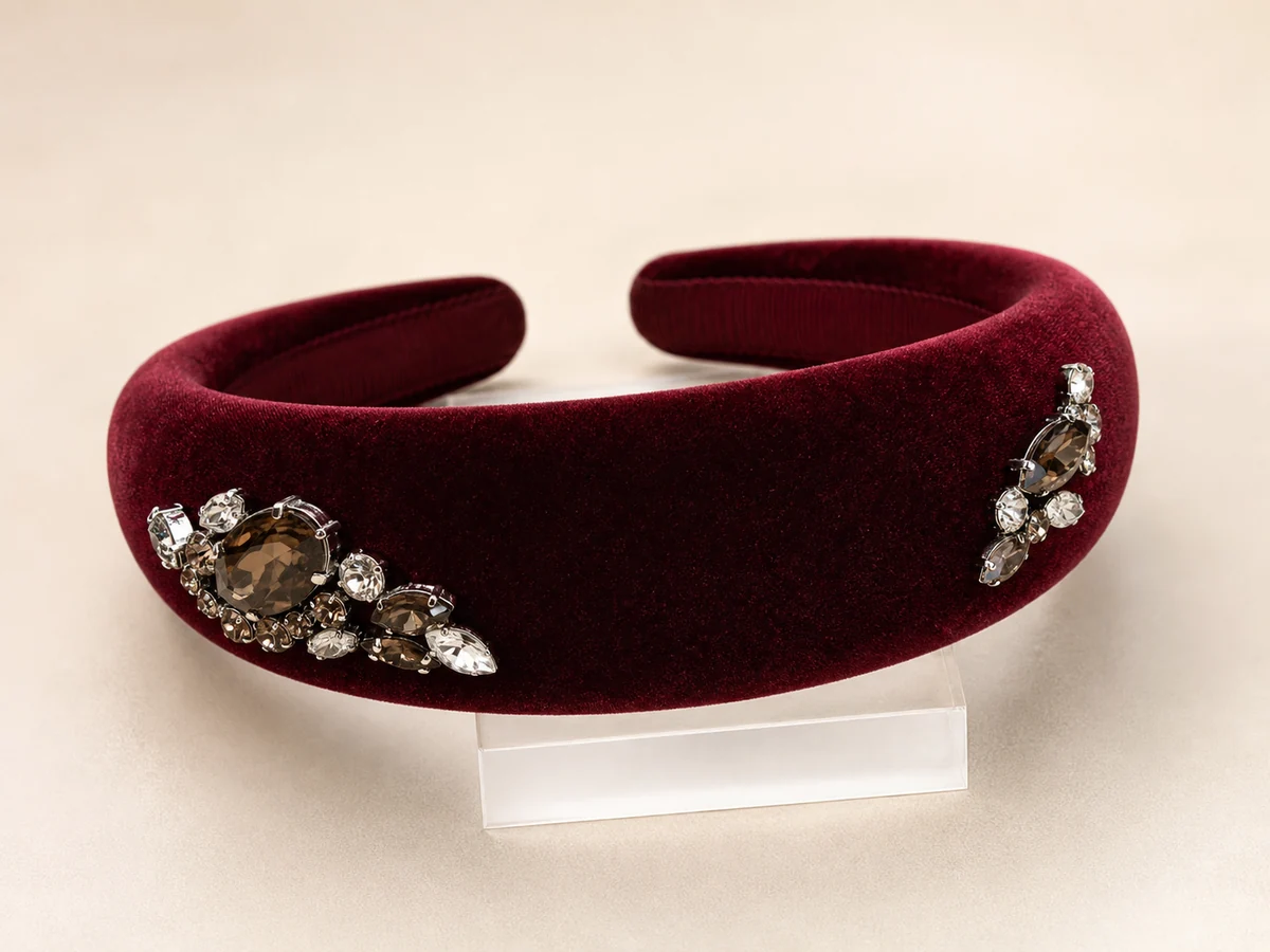 Oxblood velvet padded headband with restrained smoky topaz and clear crystal clusters