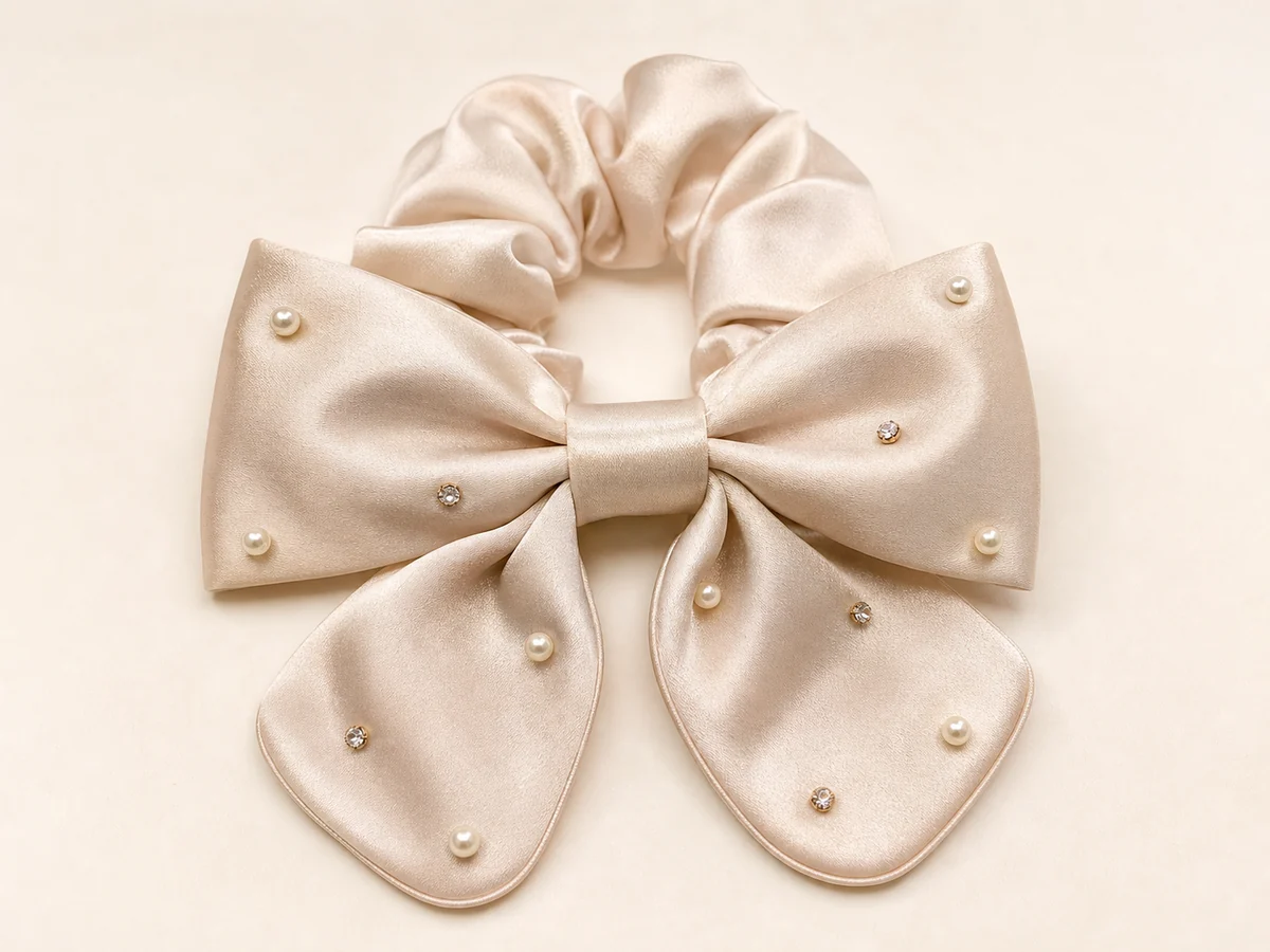 Champagne satin bow scrunchie with restrained faux pearls and clear crystals