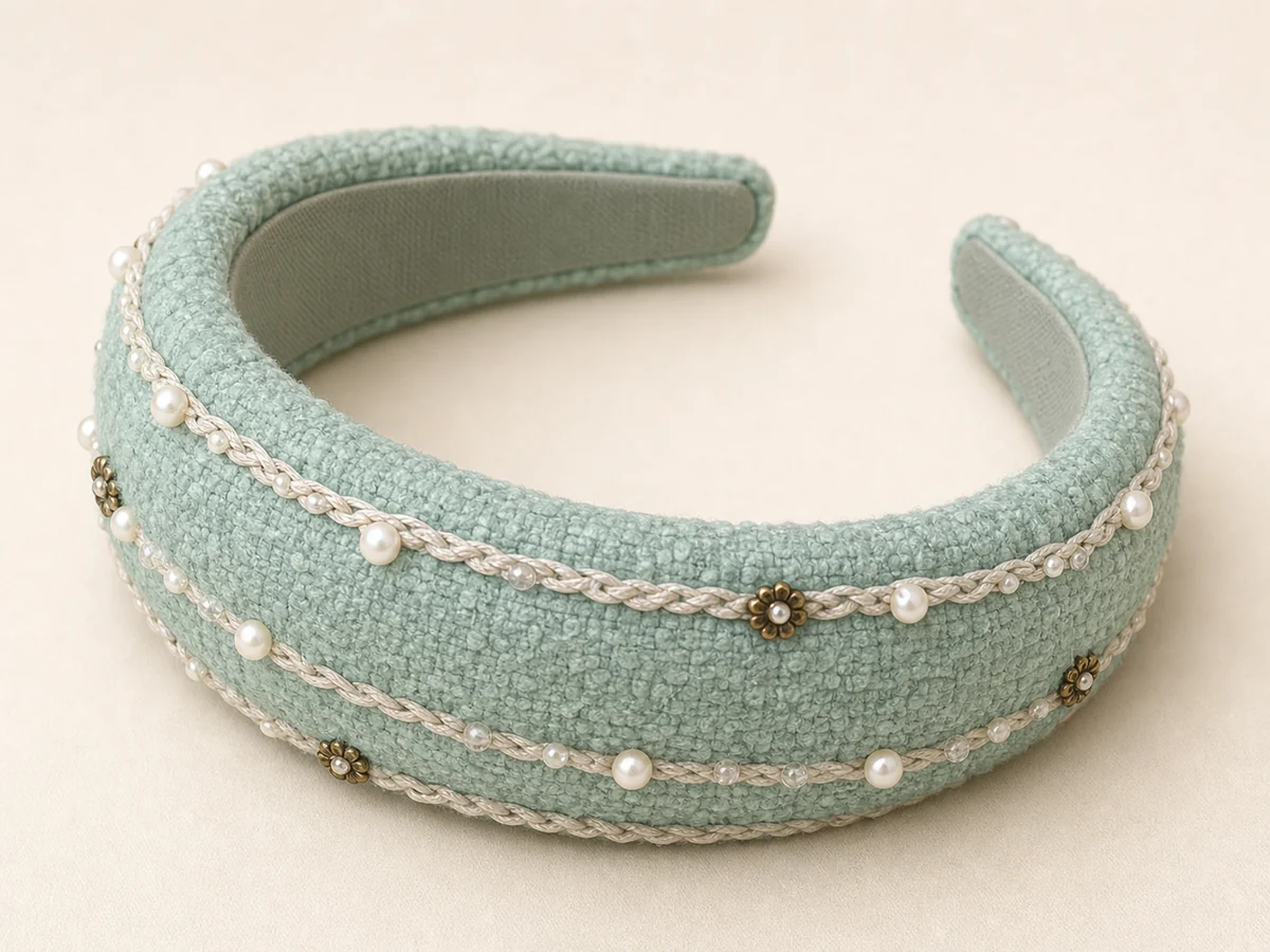 Seafoam textured padded headband with braided trim faux pearls and small flower settings