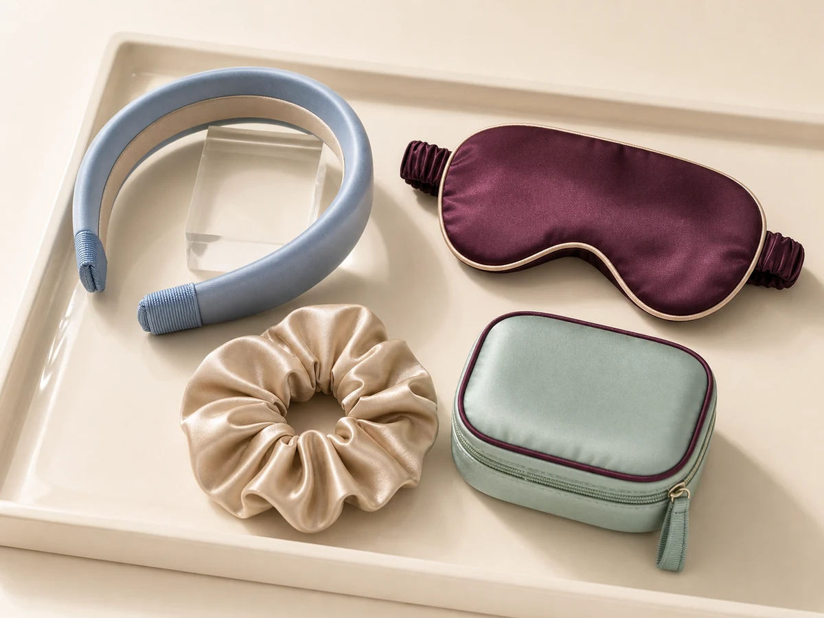 Coordinated headband, sleep mask, scrunchie and jewelry pouch in powder blue, plum, champagne and seafoam