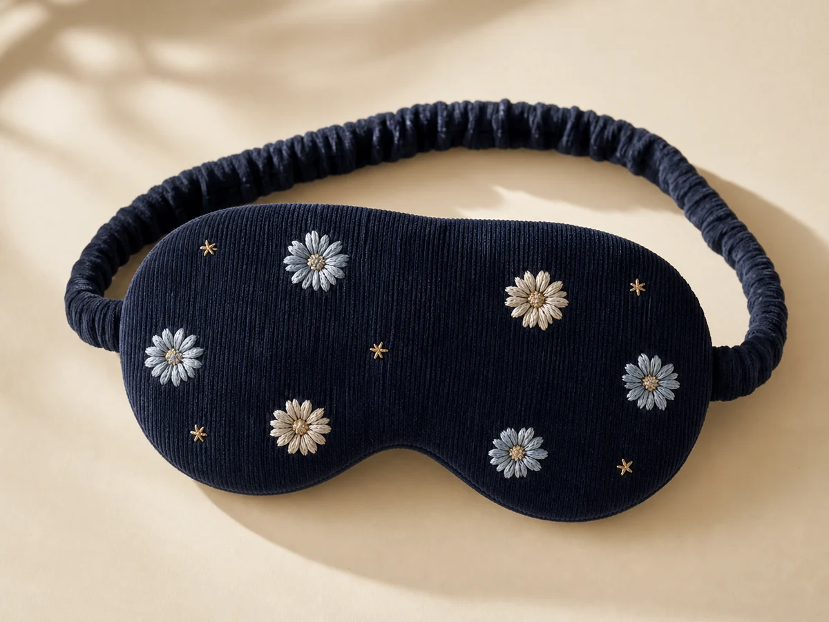 Midnight navy fine-wale corduroy sleep mask with embroidered blue and ivory flowers and gold stars