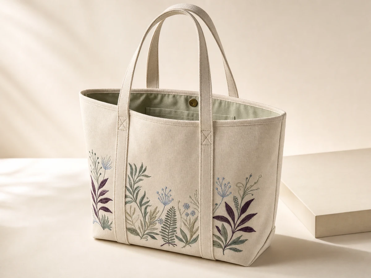 Natural cotton canvas resort tote with reinforced handles, pale sage lining and plum botanical embroidery