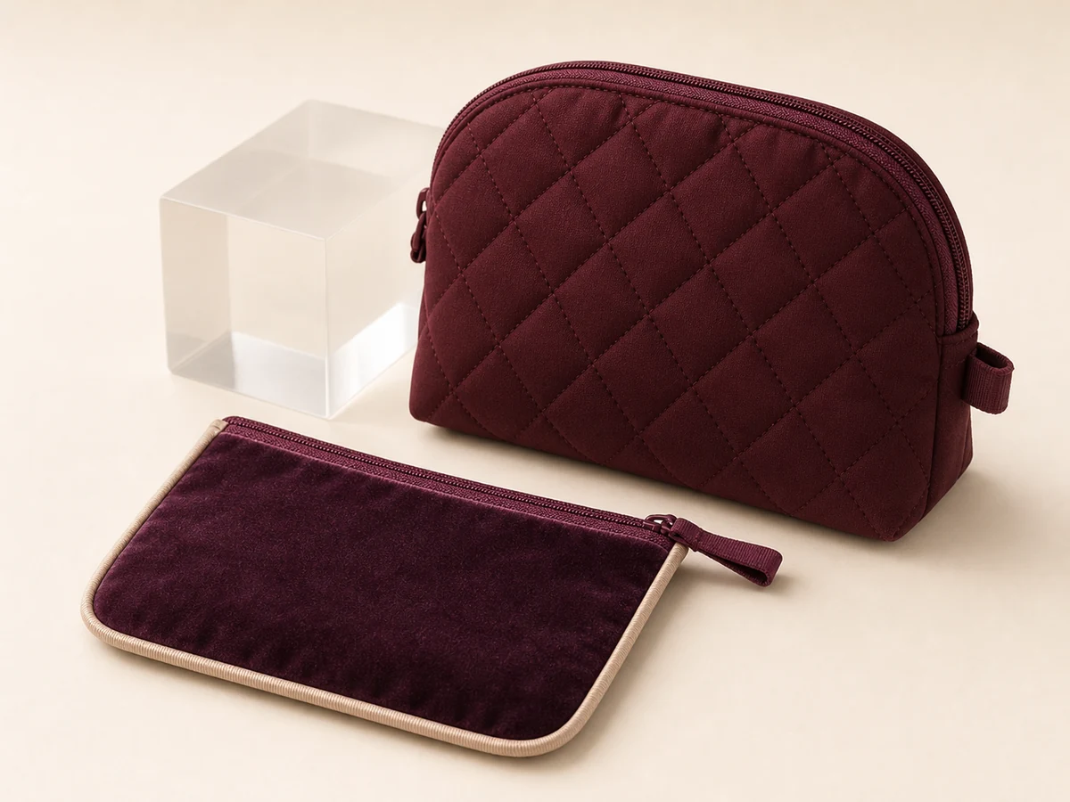 Oxblood quilted cotton twill travel pouch with a smaller deep plum velvet zip pouch