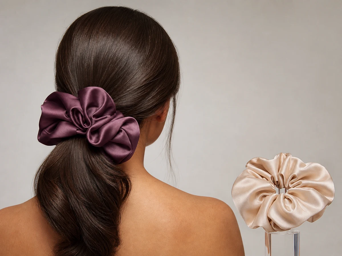 Deep plum oversized satin scrunchie worn on a low ponytail with a separate champagne scrunchie displayed nearby