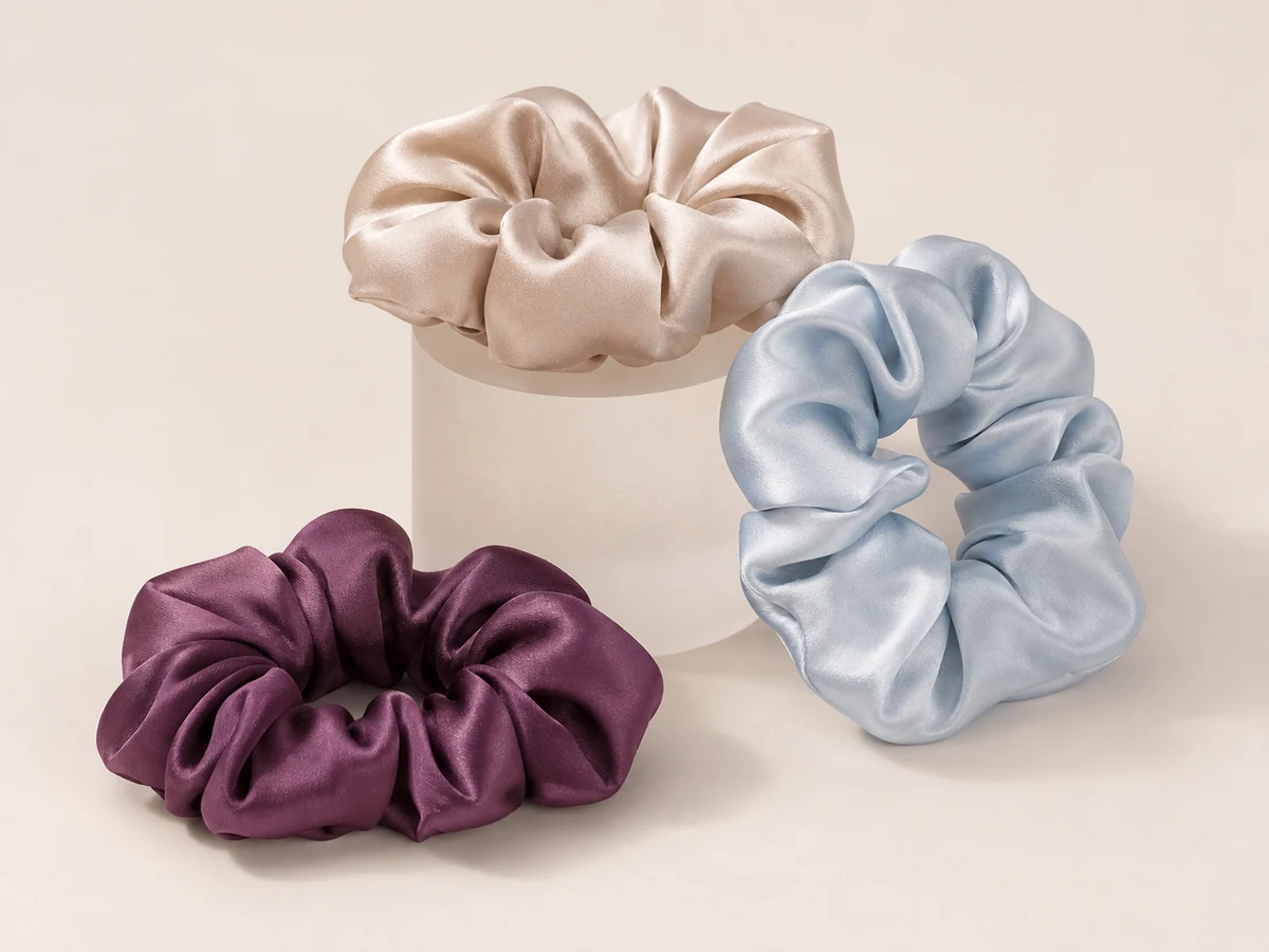 Three oversized solid satin scrunchies in deep plum, powder blue and champagne