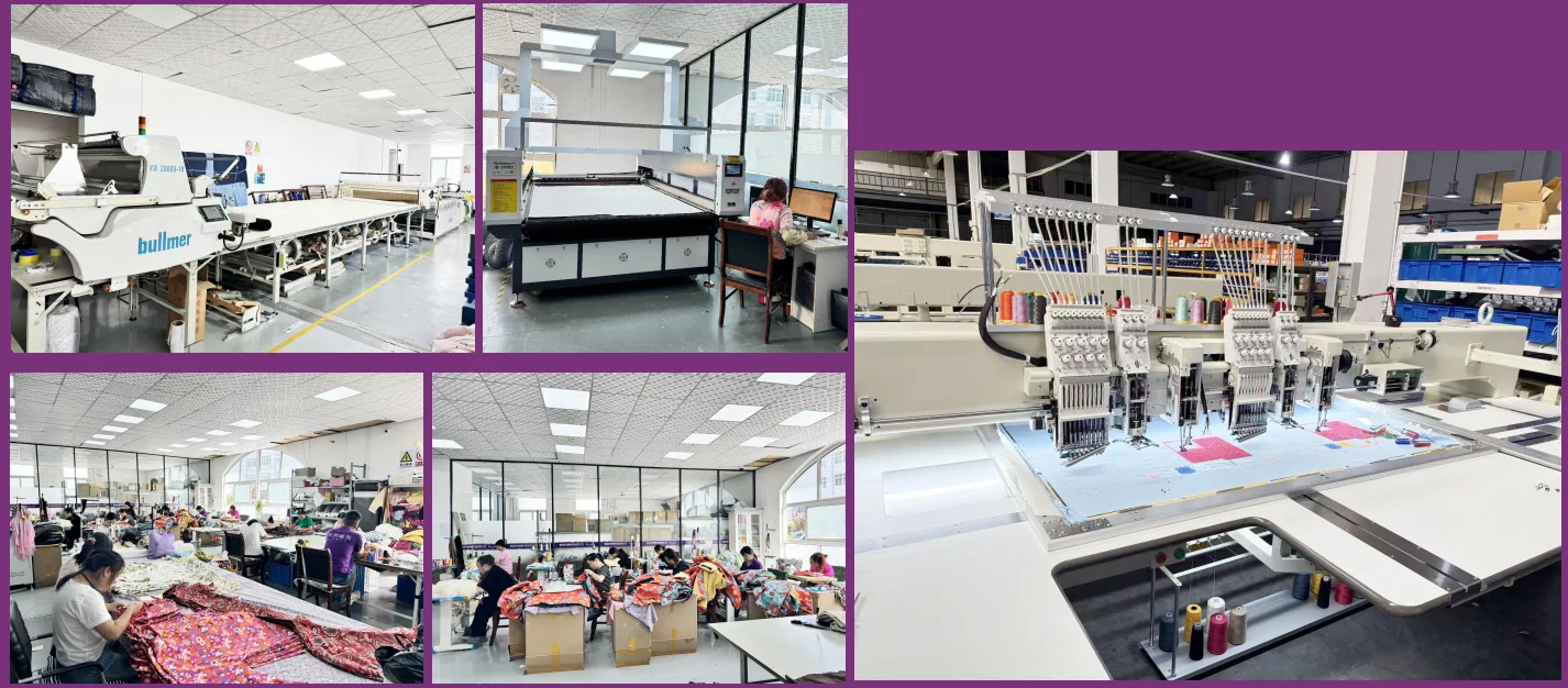 Production-partner facilities with automated fabric cutting, multi-head embroidery and sewing workstations